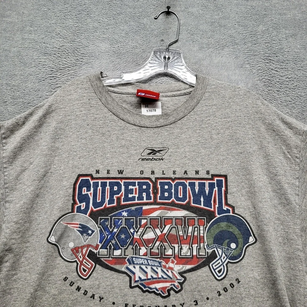 VINTAGE New England Patriots Men Shirt Gray Reebok New Orlean‎ Super Bowl